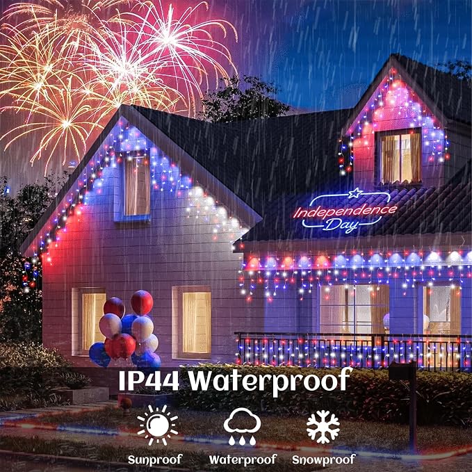 Red White and Blue Icicle Lights for Outside, 4th of July Decorations Independence Day Patriotic Lights, 33ft 400 LED with 75 Drops Clear Wire Connectable for Memorial Day Party Holiday