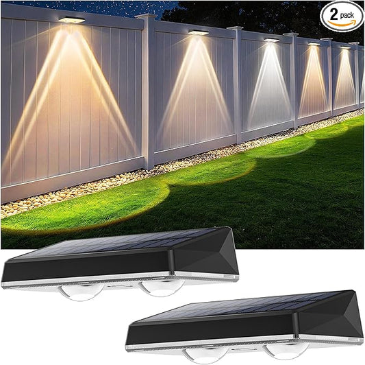 Solar Fence Lights Outdoor, 2 Pack Fence Lights Solar Powered, 3 Color Modes Warm/Natural/Cool White (3000K/4000K/6000K), IP67 Waterproof Dusk to Dawn Solar Lights for Fence, Backyard, Patio, Deck