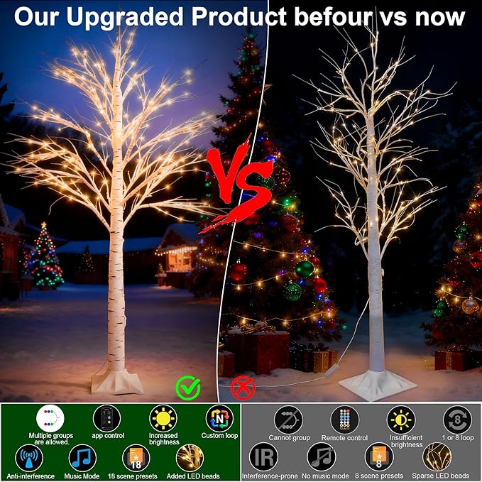 2Pack Smart 6FT Lighted Birch Tree with WW LED Lights for Home Decor, APP & Button Control, Music-Sync, Smart Timer, Multi-Tree Group Control, Indoor & Outdoor Decoration for Room Yard Patio Wedding