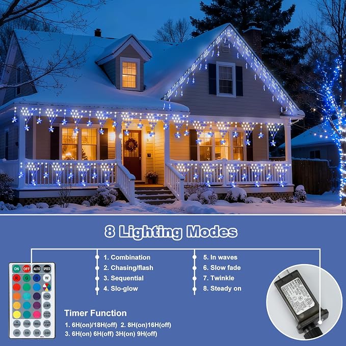 (New) Christmas Curtain Lights, RGB Remote Control Christmas Lights, 218 LED 13.8FT Outdoor String Lights with 12 Star Drops 8 Modes Waterproof for New Year, Eaves, Fence, Balcony, Railing Decor