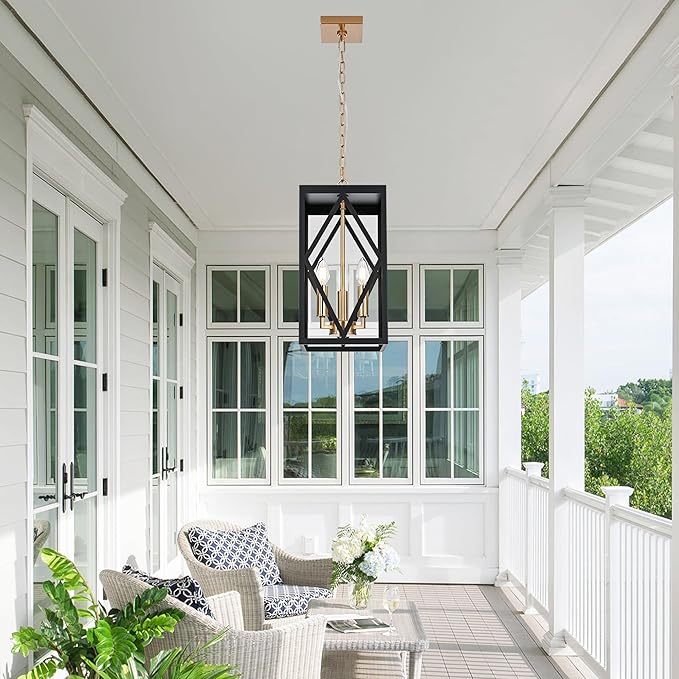 15.7'' Outdoor Pendant Light Black Brass, Exterior Ceiling Hanging Lantern Porch Light with Clear Glass, Outdoor Hanging Lantern Lighting Exterior Pendant Lighting Fixture for Porch, Gazebo
