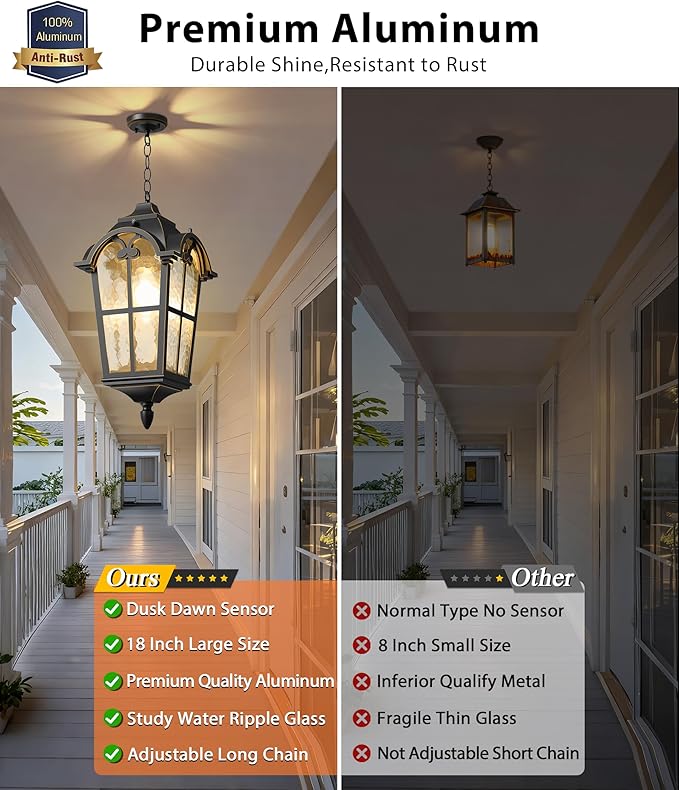 18" Outdoor Pendant Light Dusk to Dawn for Porch, Anti-Rust Aluminum Chandelier, Waterproof Exterior Hanging Lighting Fixture with Ripple Glass for Gazebo, Black with Golden Edge