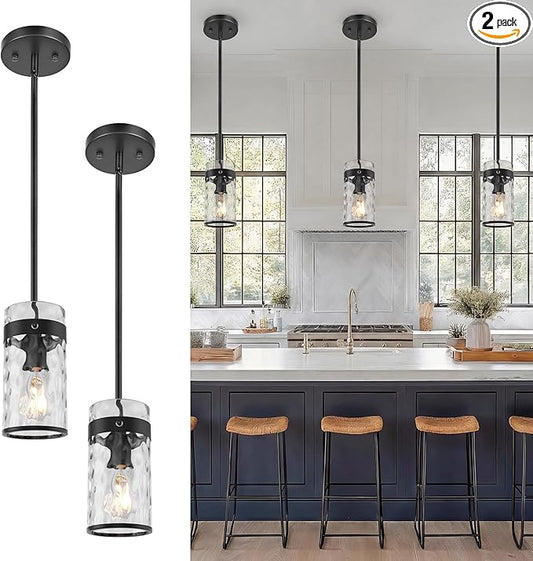 AUTELO 2 Pack Black Pendant Light, Glass Pendant Lights Kitchen Island with Hammered Glass, Modern Hanging Lamp with Adjustable Rods for Kitchen Dining Room, H-2529 HMBK2PK