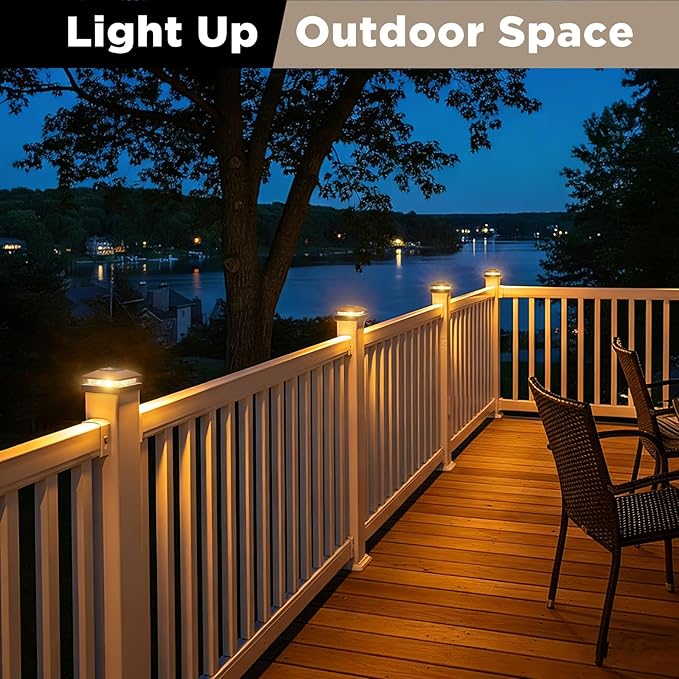 Solar Post Cap Lights Outdoor 24pack, Waterproof Solar Powered Deck Fence Post Lights Fit 4x4 Wood/Vinyl Posts, Bright Warm White Solar Post Lights Decorate Deck, Patio, Porch, Fence(Brown)