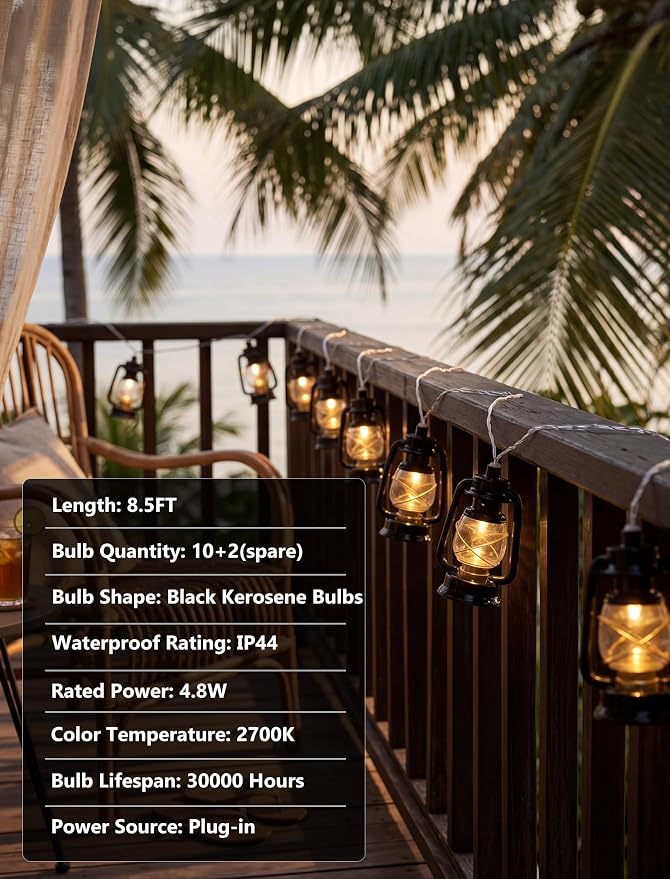 8.5Ft Black Mini Kerosene String Lights, Vintage Camping Lantern Lights Outdoor with 10 LED Oil Lamp Bulbs, Waterproof Connectable Plug in Fairy Lights for Patio RV Awning Bedroom Party Holiday Decor