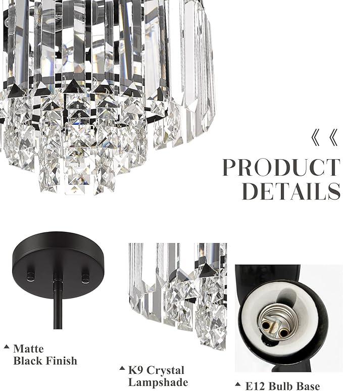 4-Tier Crystal Chandelier, Modern Black Chandelier, 3-Light Pendant Light for Dinning Room Kitchen Island Bedroom Entryway, CC4215-3W-BK