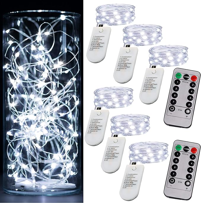 6 Pack Fairy Lights Battery Operated Mini String Lights with Timer 2PCS Remote - 6.5ft 20LED Cool White Firefly Light Waterproof Silver Wire Twinkle Light DIY Mason Jar Wedding Party Christmas Decor