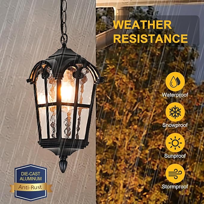 Black Outdoor Pendant Lights for Porch Hallway Patio, Aluminium Exterior Hanging Light Fixtures, Outside Waterproof Vintage Hanging Ceiling Outdoor Pendant Lamp Height Adjustable, 2pack