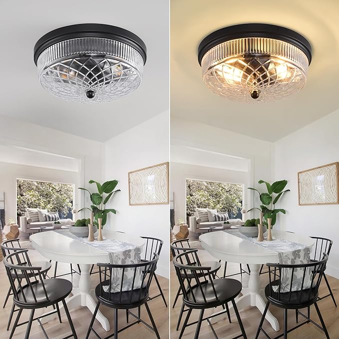 Semi Flush Mount Ceiling Light with Clear Glass Shades,3-Lights Industrial Semi Flush Mount Ceiling Light, 3-Light Industrial Black Light Fixtures Ceiling Mount for Kitchen Living Room Foyer