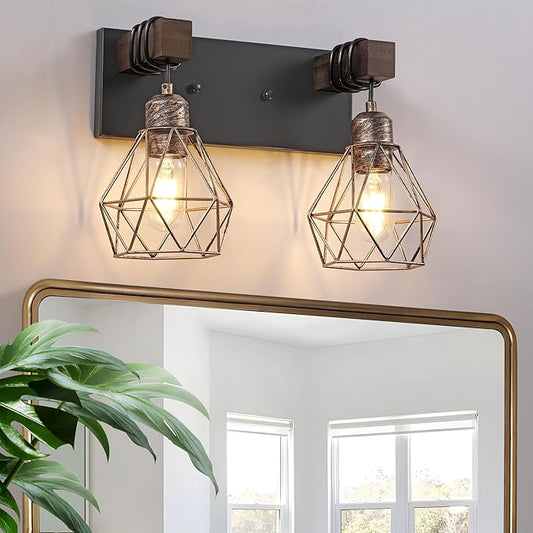 Farmhouse Bathroom Vanity Light Fixtures, 2-Light Wood Bathroom Light Fixtures Over Mirror, Rustic Sconces Wall Lighting with Elegant Metal Lampshade for Living Room, Bedroom, Hallway