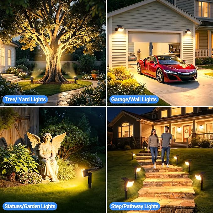 Solar Spot Lights Outdoor Waterproof IP65, 4 Pack Solar Lights Outdoor Larger LEDs 2 Lighting Modes, 2 in 1 Solar Powered Landscape Spotlights for Outside Yard Wall Pathway, Warm White