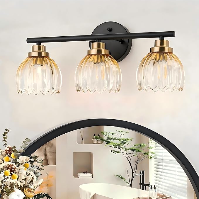 TALOYA Bathroom Vanity Light Fixtures, 3-Light Modern Black and Gold Wall Lights Over Mirror with Gradient Amber Tulip Glass Shades Bathroom Wall Lamp for Mirror, Living Room,Hallway, Farmhouse