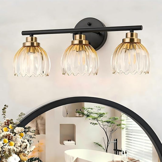 TALOYA Bathroom Vanity Light Fixtures, 3-Light Modern Black and Gold Wall Lights Over Mirror with Gradient Amber Tulip Glass Shades Bathroom Wall Lamp for Mirror, Living Room,Hallway, Farmhouse