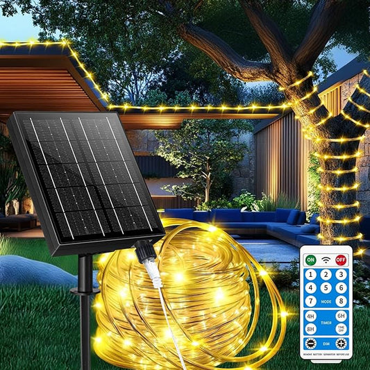 LairtPOW Thicker Tube Solar Rope Lights with Remote for Garden Decor,98FT 300LEDs Outdoor Solar String Lights for Yard,IP67 Waterproof USB Charging,Timing & 8 Modes Fairy Light for patios(Warm White)