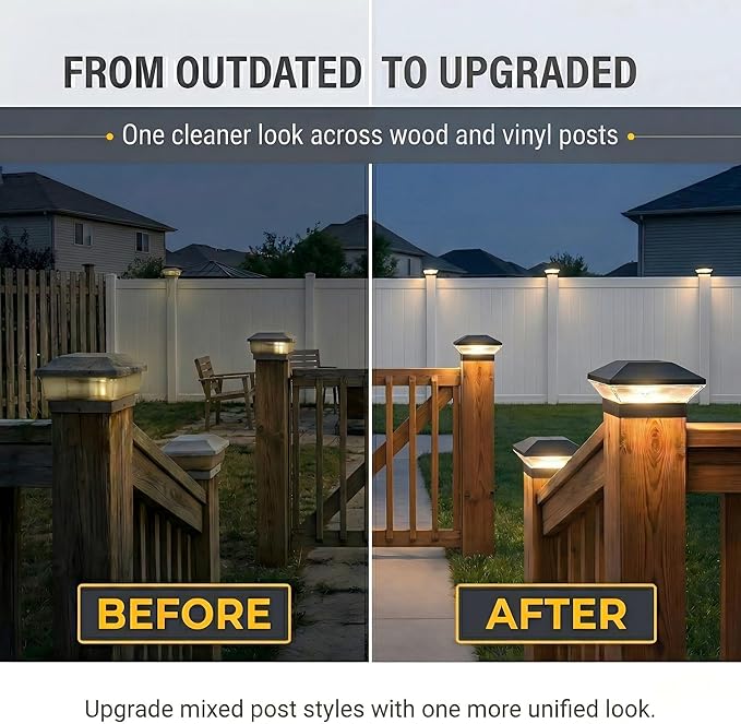 T-SUN 12 Pack Solar Post Cap Lights 4x4 5x5 6x6, Outdoor Waterproof Solar Deck & Fence Post Lights, Warm White/Cool White for Wood & Vinyl Posts, Fence, Deck, Gate & Porch