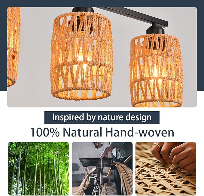 Rattan Pendant Lights for Kitchen Island,6-Light Boho Coastal Chandelier,Bohemian Rustic Pendant Light Fixture for Dining Room,Height Adjustable,Matte Black Farmhouse Woven Hanging Lights Over Table