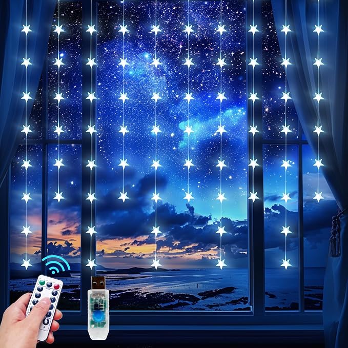 Star Curtain Lights Hanging Star Lights for Window 70 Stars String Light for Wall Décor USB Plug in 8 Modes Twinkle Fairy Lights for Christmas, Bedroom, Indoor, Outdoor, Weddings, Party (Cold White)
