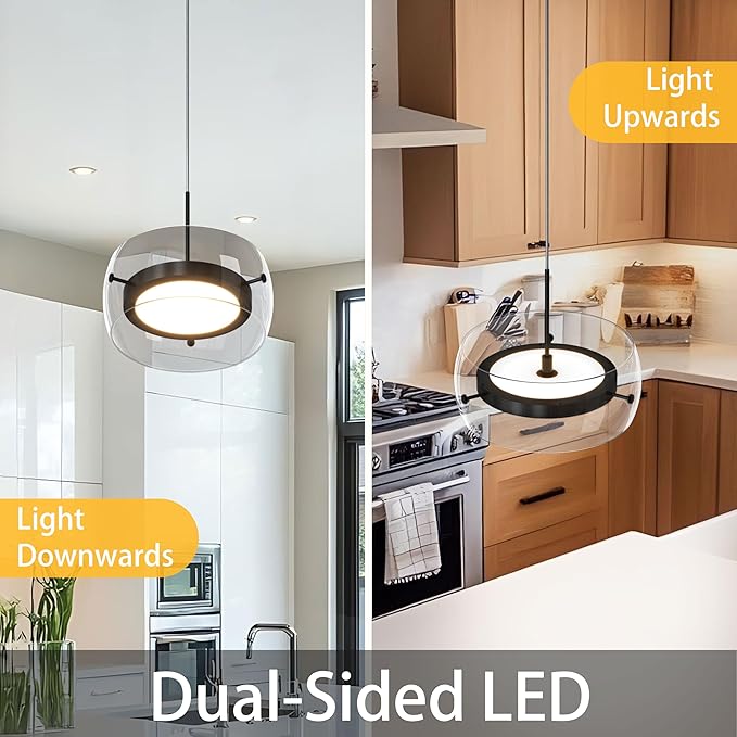 3-Pack Modern Pendant Lights Kitchen Island, Dual-Sided LED 3-CCT Dimmable Glass Hanging Lighting Fixture, Adjustable Cable for Dining Room, Bar, Over Table, Sloped Ceiling Matte Black