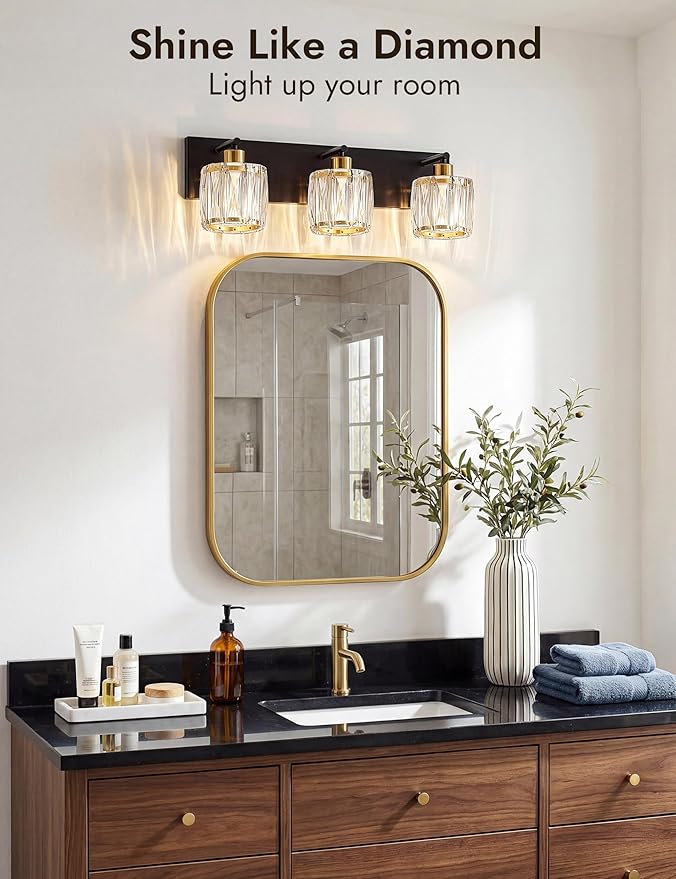 VOLISUN Crystal Vanity Lights for Bathrooms, 3 Light Bathroom Vanity Light, Black and Gold Bathroom Light Over Mirror, Modern Bathrooms Lights Fixtures-UL Certificated(Exclude Bulb)