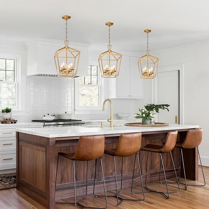 Untrammelife 4-Light Gold Lantern Pendant Light, Adjustable Height Metal Geometric Light Fixture 12'' Classic Cage Chandelier for Kitchen Island Hallway, Hand-Pasted Gold Foil Finish