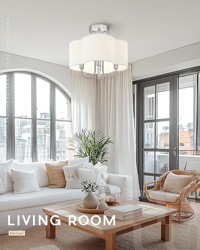 4-Light Semi Flush Mount Ceiling Light, 13.5" Vintage Light Fixtures Ceiling Mount with Fabric Shade in Quatrefoil for Kitchen Entryway Hallway Bedroom, Brushed Nickel, SM179-BN