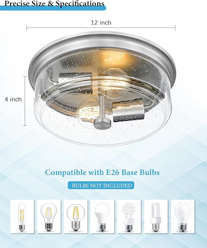 Brushed Nickel Flush Mount Ceiling Light Fixtures, 12 Inch 2-Light Light Fixtures Ceiling Mount with Seeded Glass Lampshade,Ceiling Light for Kitchen, Hallway, Entryway