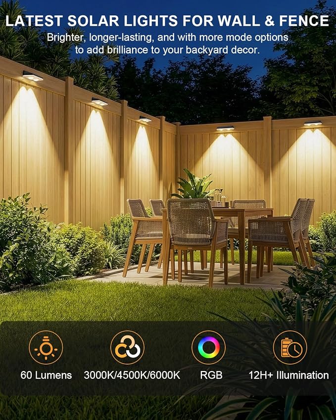 Solar Fence Lights Outdoor,3000/4500/6000K/RGB 13 Mode 16PACK Fence Lights Solar Powered High Brightness LED Lens IP65 Waterproof Solar Wall Light for Outside/Patio/Step/Backyard/Railing Pool/Deck