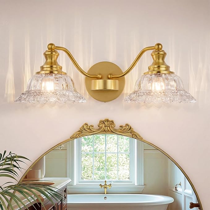 Espird 2 Lights Bathroom Vanity Light Fixtures, Vintage Brass Vanity Lights for Bathroom, Farmhouse Antique Light Fixtures Over Mirror with Crystal Glass Shade