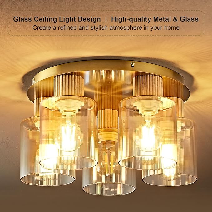 5-Lights Semi Flush Mount Ceiling Light Kitchen Lighting Fixtures Ceiling Gold Solid Wood Kitchen Cieling Light Fixtures with Clear Glass Shade for Dining Room Entryway Foyer Hallway
