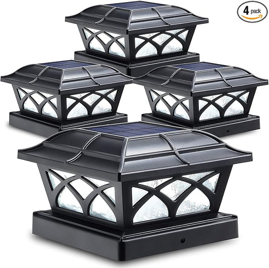 SIEDiNLAR Solar Post Cap Lights Outdoor Glass 2 Color Modes 8 LEDs for 4x4 5x5 6x6 Posts Deck Fence Patio Decoration Warm White & Cool White Lighting Black (4 Pack)