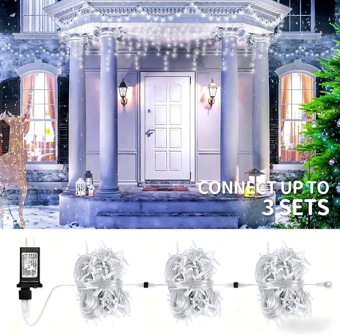Icicle Lights Outdoor Decorations 300 LED 33ft 8 Modes Curtain Fairy String Light with 50 Drops, LED String Light Indoor for Wedding Party Holiday Christmas Decorations,White