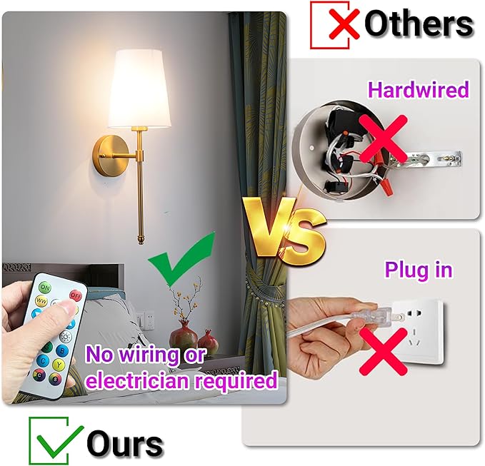 YHCDLAMP Battery Operated Wall Sconce Set of 2, Rechargeable Wall Sconce with 10000mAh Bulb and Remote, Up to 50 Hrs Use, RGB Dimmable Wireless Wall Lights for Living Room Bedroom Hallway