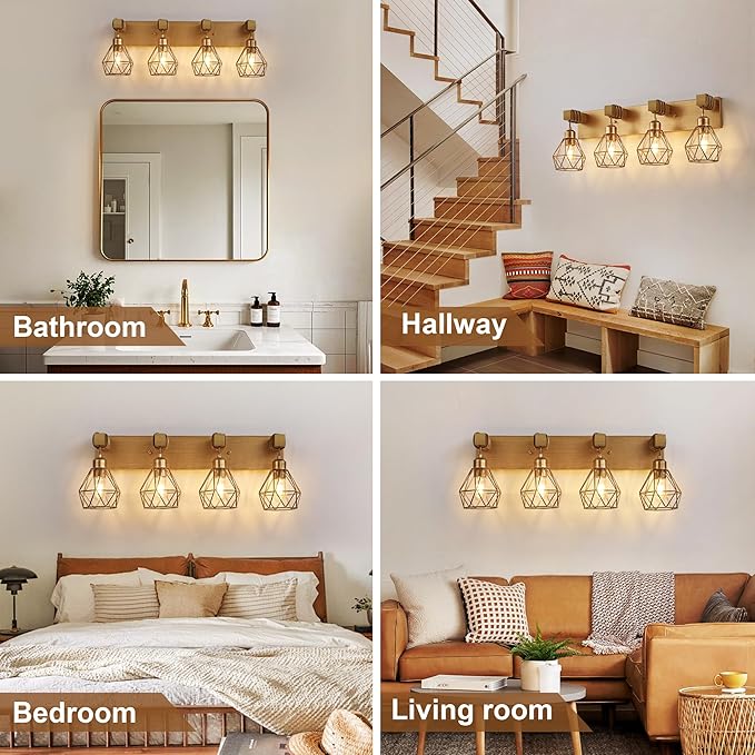 Farmhouse Bathroom Light Fixtures, 5-Light Gold Bathroom Vanity Light, Rustic Matte Antique Brass Finish with Metal Lampshade, Wall Sconces for Bedroom, Living Room, Hallway
