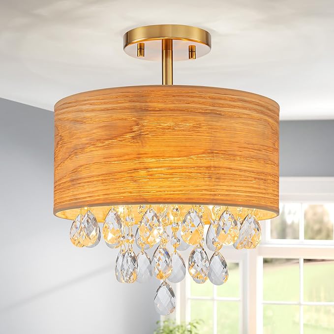 3-Light Drum Wood & K9 Crystal Ceiling Lights, Farmhouse Style Semi-Flushmount Light Fixture for Dining Room, Living Room & Bedroom, D12 * H14 inch, Solid Wood Lampshade & Gold Finish