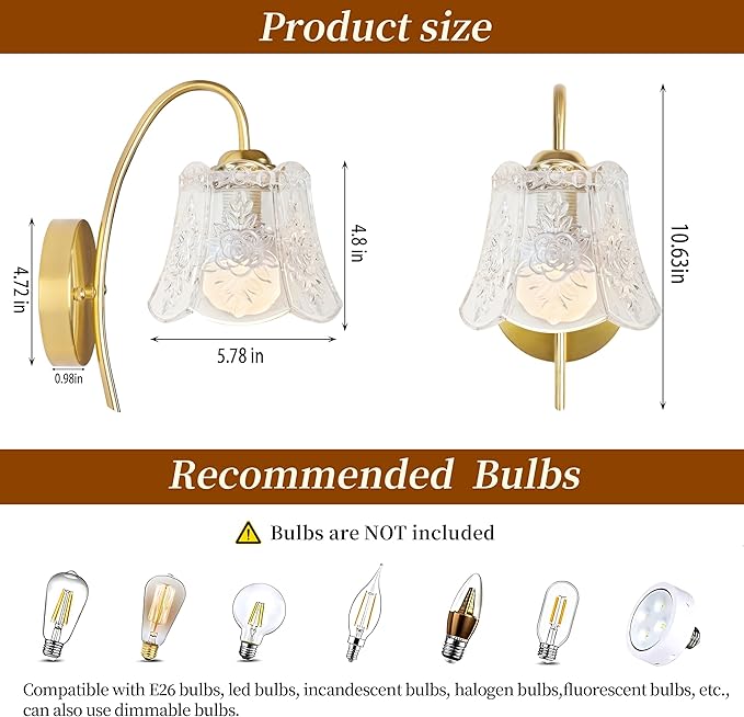 Wireless Wall Sconce with Flower lampshade, Battery Operated Wall Lights,Wall lamp with 15 Colors for Bedroom Living Room Home Decor (Clear Flower, 2 Light Battery Operated)