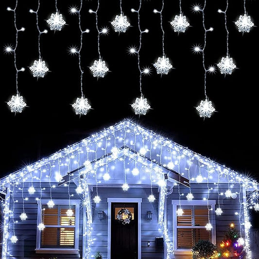 weillsnow White Icicle Lights Outdoor, 29.5 FT 360 LED Snowflake Icicle Lights with 72 Drops,Connectable Waterproof Hanging Christmas String Light for Indoor Outdoor Eaves Window Porch Decoration