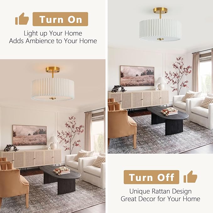 Bargeni Semi Flush Mount Ceiling Light Fixture,12.5 inch Drum Flush Mount Ceiling Light,Gold Light Fixtures Ceiling Mount,Cream White with Pleated Fabric Shade,Modern Ceiling Light for Bedroom,Hallway