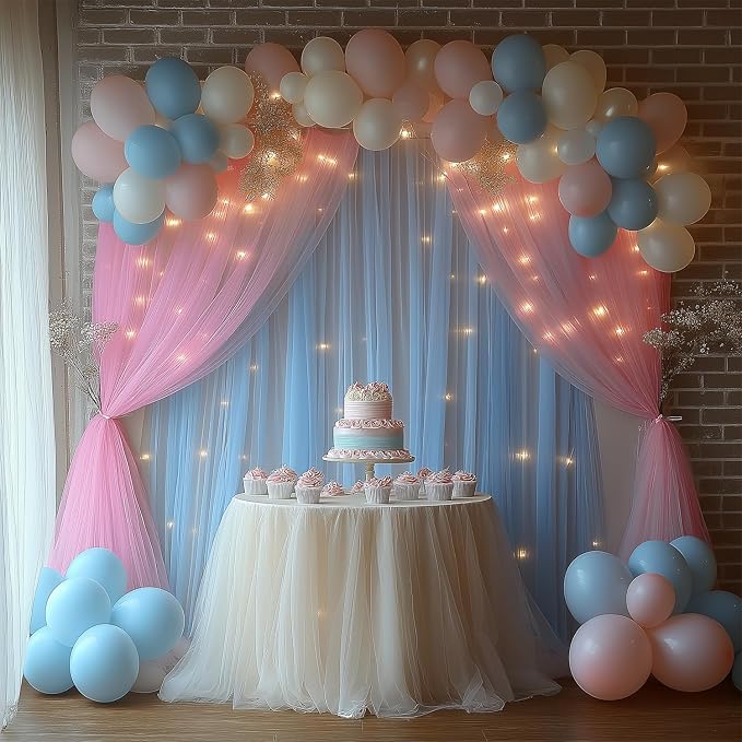 Pink and Blue Tulle Backdrop Curtains with Lights String – 2 Panels 5x8ft Sheer Backdrop for Gender Reveal, Baby Shower, Boy or Girl Birthday Party, Photo Shoot, Party Decorations