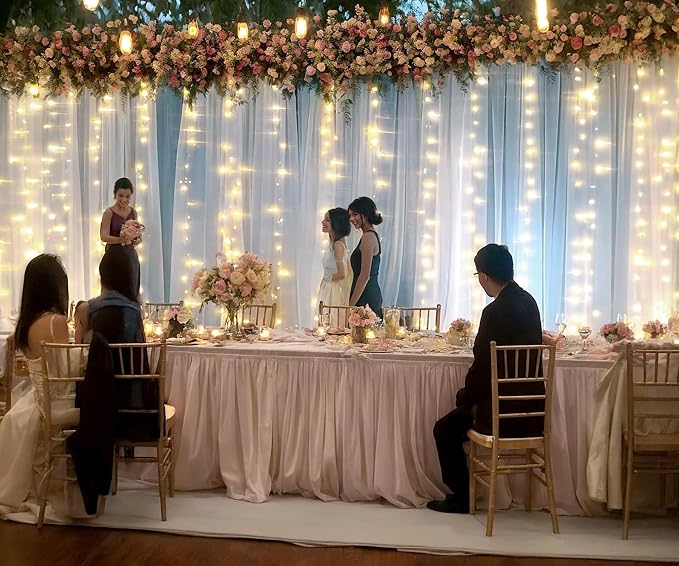 20ft X 8ft White Tulle Wedding Backdrop Curtains with Lights String 4 Panels White Sheer Backdrop Curtains for Parties Bridal Shower Baby Shower Birthday Christmas Photo Shoot Background Decorations