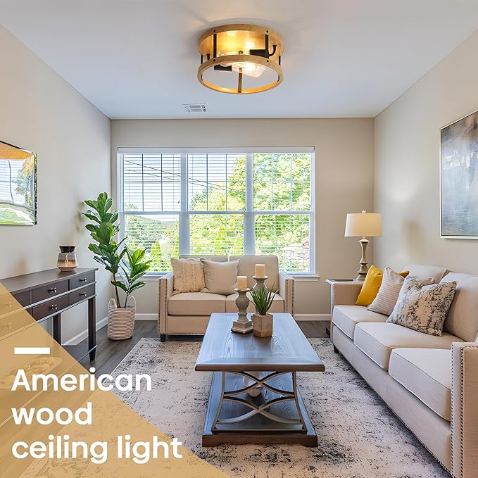 2-Light Retro Close to Ceiling Light, Wood Finish Flush Mount Ceiling Light with Black Metal, Easy Assembled, Industrial Round Farmhouse Ceiling Lamp for Hallway Entryway Bedroom