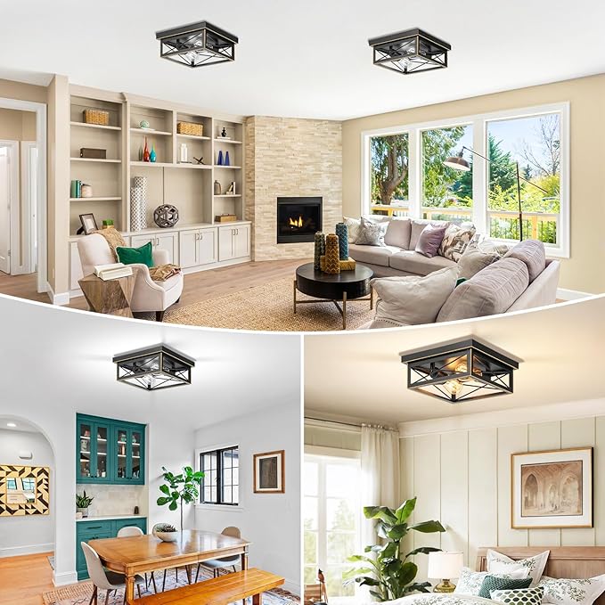 Brushed Gold Hallway Light Fixtures Ceiling, 2-Light Farmhouse Industrial Flush Mount Ceiling Lights, 2-Pack Metal Kitchen Light Fixtures, Close to Ceiling Lights for Bedroom Living Room Entryway