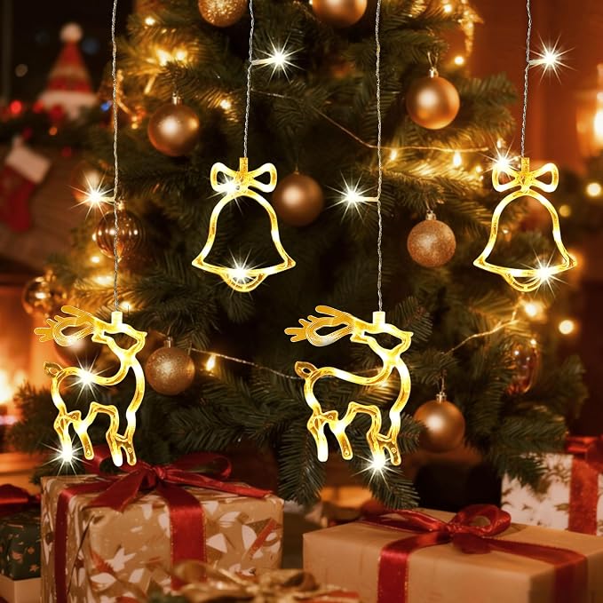 180 LED Christmas Curtain String Lights, 8.3 FT Linkable Warm White Window Fairy Lights with 12 Reindeer & Bell Pendants, 8 Modes Waterproof for Xmas Tree Holiday Party Decorations