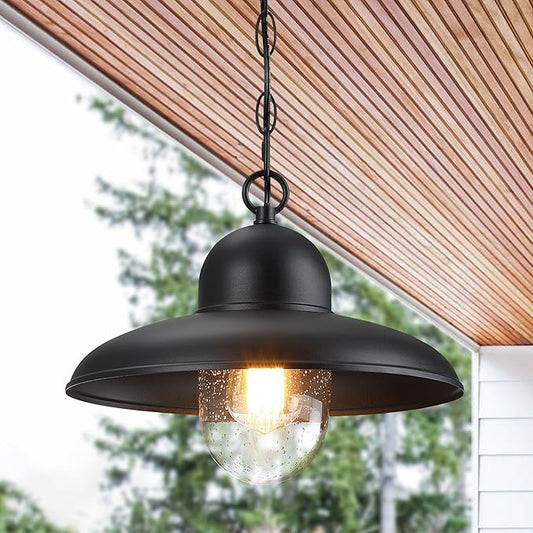 Outdoor Pendant Lights for Porch 12", Outdoor Farmhouse Hanging Light Fixture with Adjustable Chain and Bubble Glass, Black Rustic Exterior Pendant Light for Front Door, Gazebo, Entryway, Patio