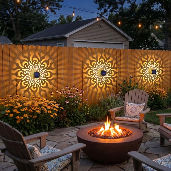 Solar Fence Lights 2 Pack Outdoor Deck Step Wall Lights Metal Waterproof LED Warm Yellow Light for Garden Post Patio Backyard Yard Decor (Mandala-4, 2)