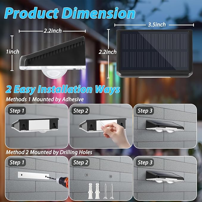 Solar Lights Outdoor 16-Pack, Waterproof Fence Lights Solar Powered with Warm White & 6 RGB Colors & 2 Lighting Modes for Backyard, Deck, Step, Stairs, Balcony, Yard, Patio, Walkway, Pathway