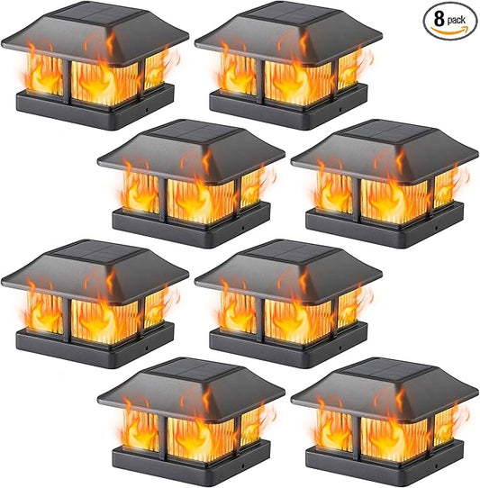 Dynaming Solar Flame Post Cap Lights Outdoor, Solar Powered Fence Post Light, Flickering Flame LED Lantern Lamps Waterproof for Garden Deck Patio, Fit 4x4 Wooden/Vinyl Posts, 8 Pack