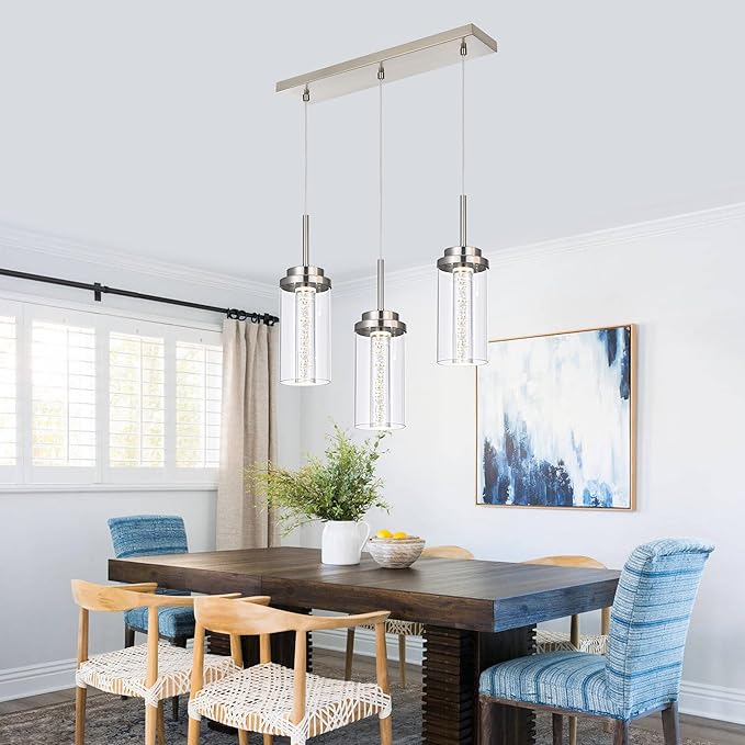 MELUCEE Modern LED Linear Pendant Light Brushed Nickel, 23IN Ceiling Chandelier Light Fixture Hanging with Clear Glass, 3000K-6000K Adjustable Color Temperature Island Light for Dining Room Kitchen