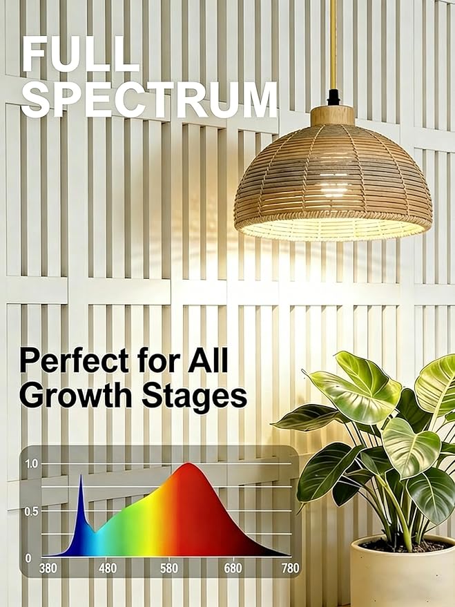 40W Boho Rattan Hanging Grow Light, Full Spectrum Pendant Light for Indoor Plants, 15ft Plug-in Cord & Mechanical Timer, Wabi-Sabi Decor for Monstera, Fiddle Leaf Fig & Tall Plants
