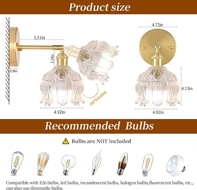 Wireless Wall Sconce with Flower lampshade, Battery Operated Wall Lights,Wall lamp with 15 Colors for Bedroom Living Room Home Decor (Clear, 2 Light Battery Operated)