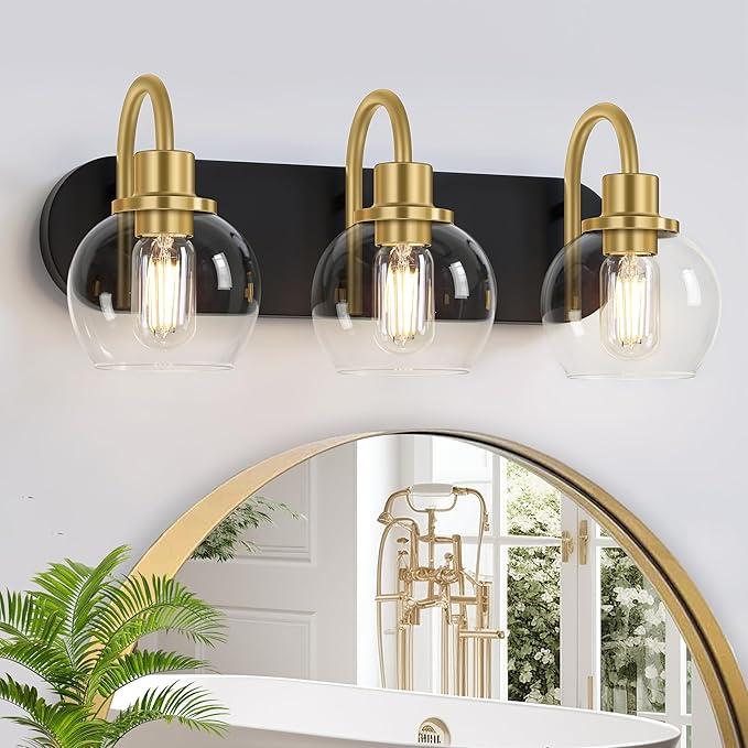 Dpyrrhic Modern 3-Light Vanity Light, Bathroom Lighting Fixture Over Mirror With Clear Glass Shade and Metal Base, Wall Sconces in Matte Black and Gold